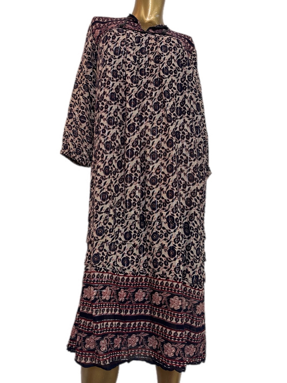 Vintage AL-IMRAN 100% Cotton Boho Floral Print Tunic Dress Metallic Lurex Size M